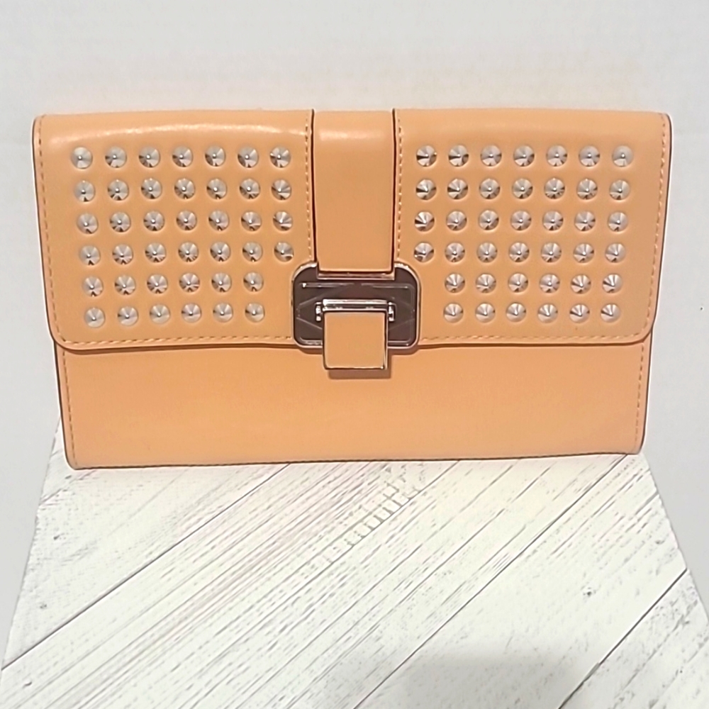 Rebecca Minkoff Studded Camel Color Staffing Leather Clutch.